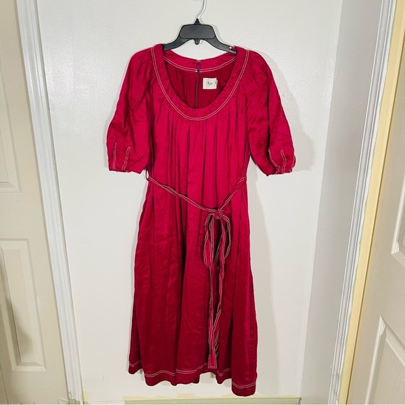 NEW Aje Rebellion Midi Dress Puff Sleeve Embroidered Silk Linen Blend Red Wine - Picture 2 of 11